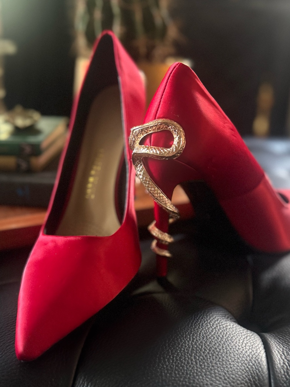 Azalea Wang 
Red Satin Pointed-Toe Pumps 
Gold Snake Heel sz 9